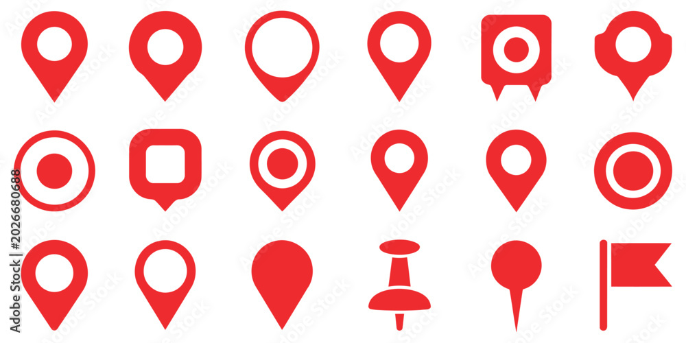 Fototapeta premium Location Pin Icons Set with Modern Map Markers, Place Pointer Symbols and GPS Navigation Pins Isolated on White Background