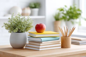 Classroom desk arrangement for juneteenth education with stacked books apple and pencils for classroom poster background and learning display