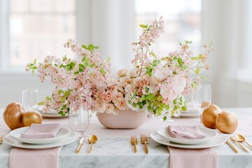 Elegant juneteenth table centerpiece with blush floral arrangement and gold accents for event table background and wedding reception styling