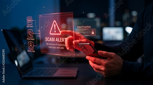 Hands holding smartphone and interacting with holographic scam alert interface warning about SMS, phone scams, and identity theft risks on laptop.