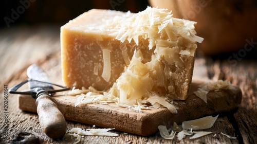 Parmesan cheese sits on a wooden table with a cutting board and knife nearby.