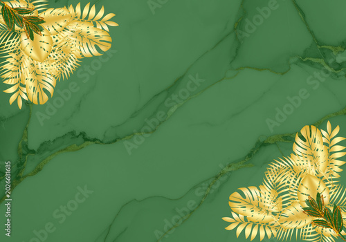 Fotografie Fondo botánico de lujo en color verde esmeralda con hojas tropicales doradas y t