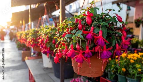 Hanging fuchsia flowers in bloom at market display under evening sunlight