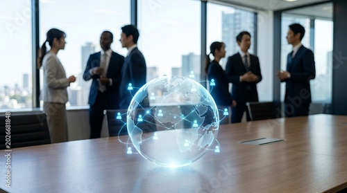 Diverse business professionals collaborating in a modern office with global digital networking concept.