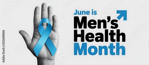 June is mens health month promotional poster featuring blue ribbon held by human palm for cancer screening awareness and global wellness support on neutral backdrop.
