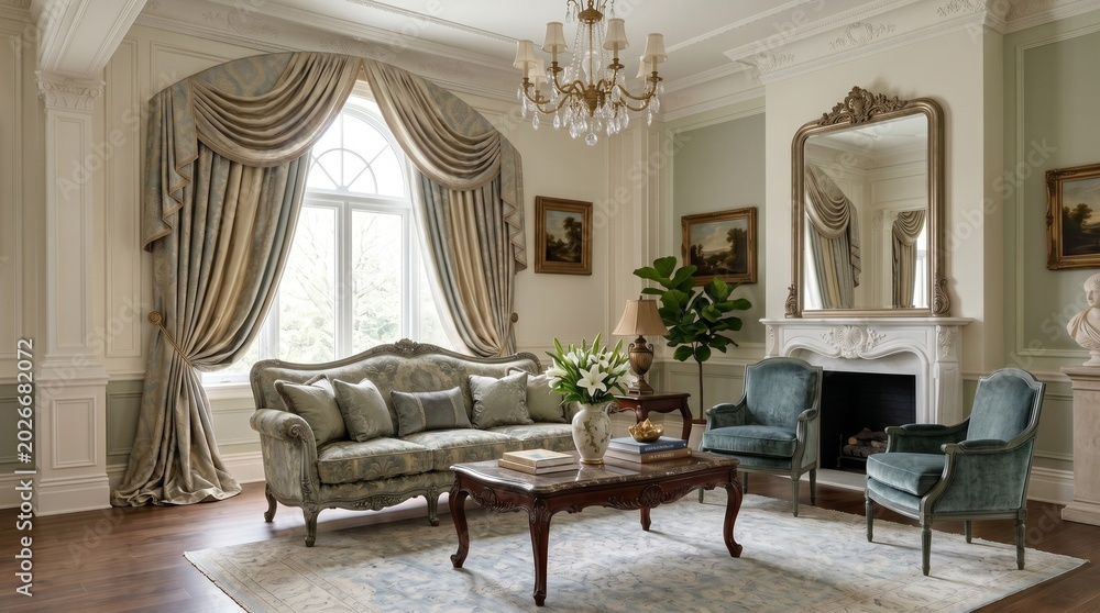Fototapeta premium Luxurious traditional living room interior with ornate classic furniture, elegant drapery on an arched window, decorative fireplace, and upscale decor.
