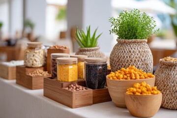 Local market stall display with jars and bowls of grains and nuts for juneteenth community market background and event banner design
