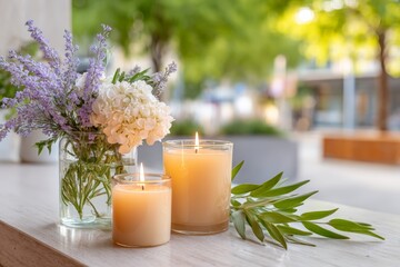Respectful juneteenth memorial candle and floral display with lavender and hydrangea on marble table for memorial background and tribute banner design
