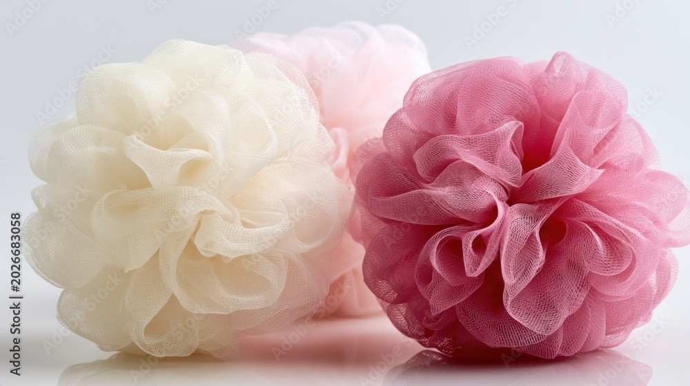 Fototapeta premium New shower puffs sit on a white surface.