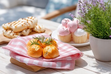 Closeup of a juneteenth picnic table with rolls cupcakes herbs and gingham napkin for celebration banner and summer table background