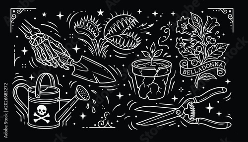 Canvastavla Spooky gardening collection with skeleton hand and venus flytrap in white line a