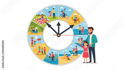 Tableau sur toile Family Time Clock: A circular illustration depicts various family activities throughout the day, representing the precious moments spent together