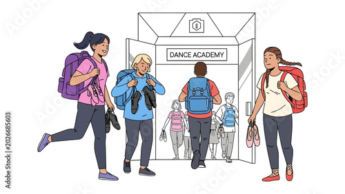 Billede på lærred Students Arrive at Dance Academy: Young dancers, equipped with backpacks and ballet shoes, excitedly head towards the entrance of the Dance Academy, eager to begin their lessons