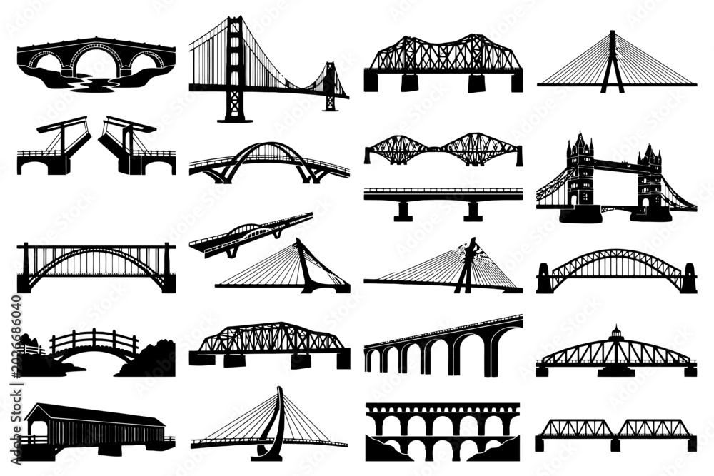Naklejka premium Silhouette collection of iconic bridges from around the world.