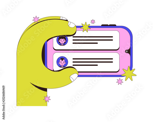 Holding phone horizontally with chat interface neubrutalism instruction graphic. Communication in landscape orientation. Mobile interaction. Smartphone app. Tutorial UI design. Flat 2D illustration