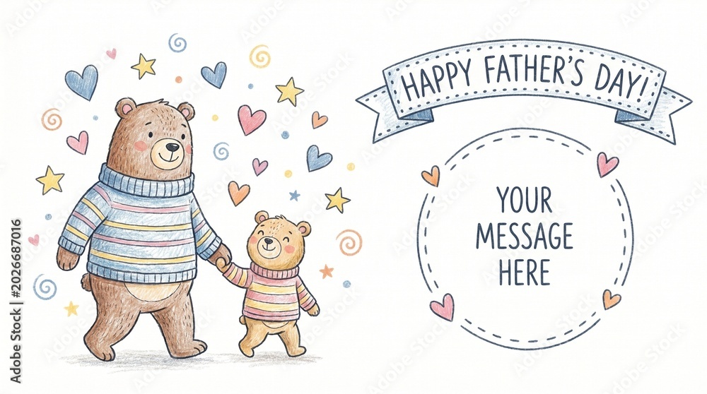 Fototapeta premium Cute Father’s Day family illustration card with teddy bear characters and love message