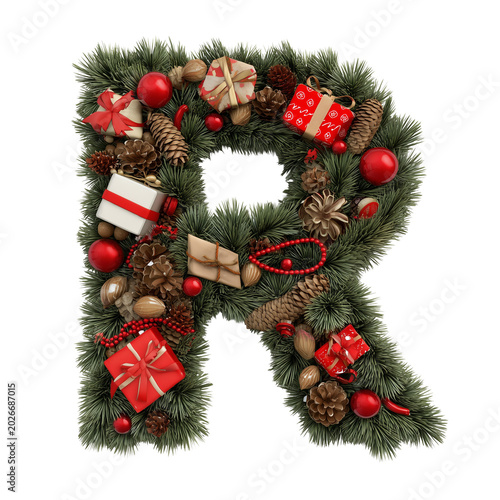 Festive Christmas Letter R Crafted from Green Pine Branches with Red Ornaments and Candy Canes PNG on Transparent Background