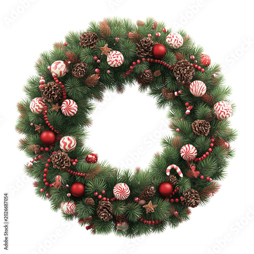 Festive Christmas Letter O Crafted from Green Pine Branches with Red Ornaments and Candy Canes PNG on Transparent Background