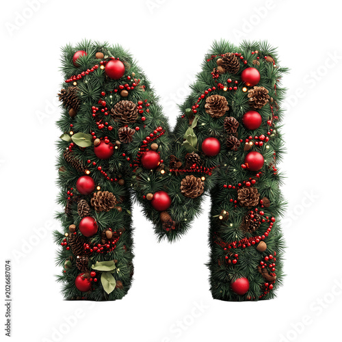 Festive Christmas Letter M Crafted from Green Pine Branches with Red Ornaments and Candy Canes PNG on Transparent Background