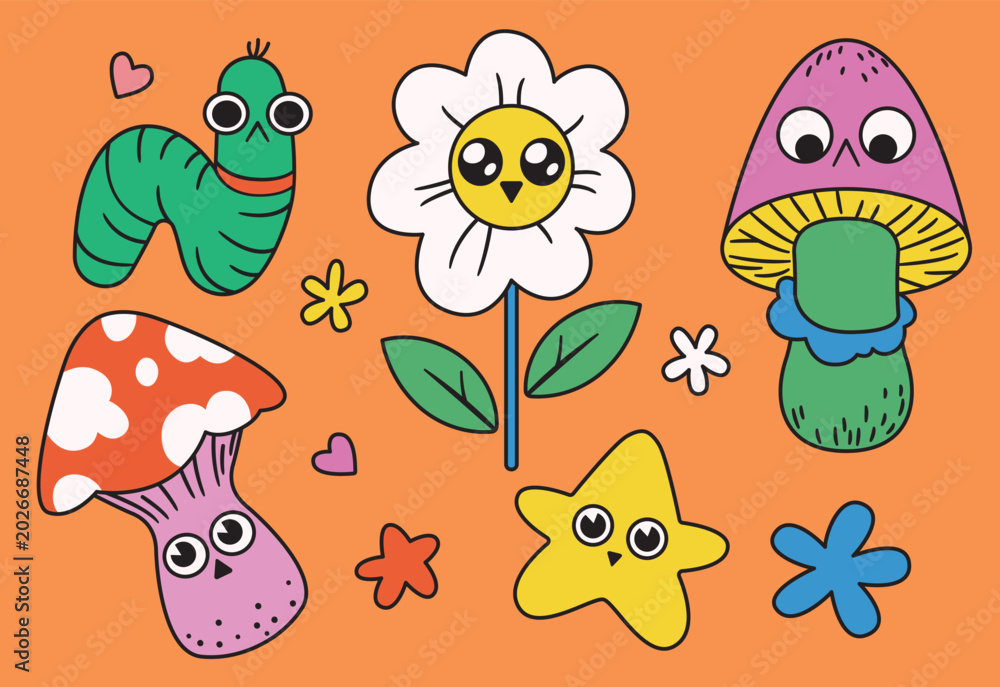 Obraz premium Groovy floral set. Cute collection of design elements in retro cartoon style. Funny happy daisy flower, gloomy mushroom, caterpillar character, isolated plants in bright colors. Vector illustration.