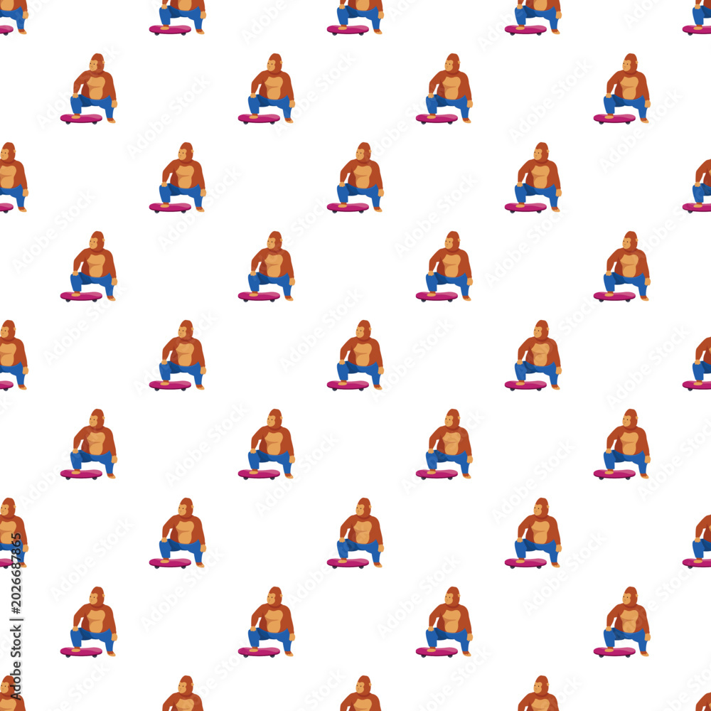 Fototapeta premium Cartoon ape character riding a skateboard creating a repeating pattern