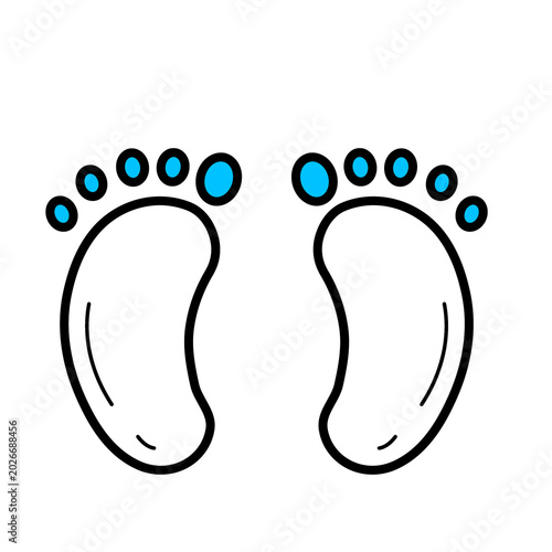 Фотография Two cute baby footprints in cartoon style with black outlines and blue circle toes, ideal for baby products and nursery designs