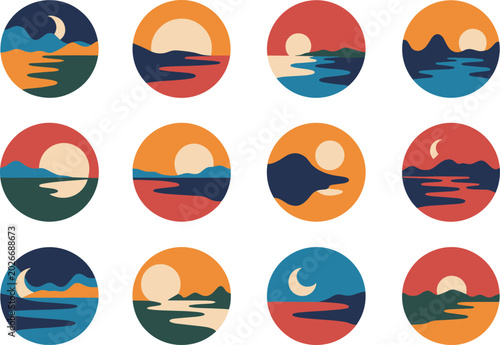 Collection Of Twelve Circular Landscape Illustrations With Sun Moon And Water icons