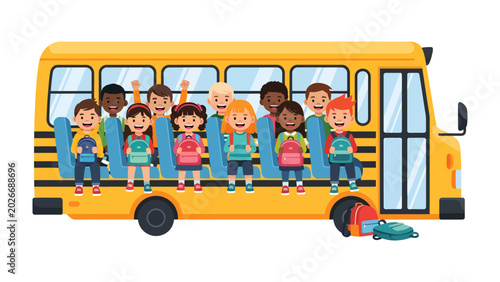 Εκτύπωση καμβά School Bus Full of Joyful Children: A vibrant yellow school bus filled with a diverse group of happy children, each eager to begin their school day, with backpacks ready and smiles all around