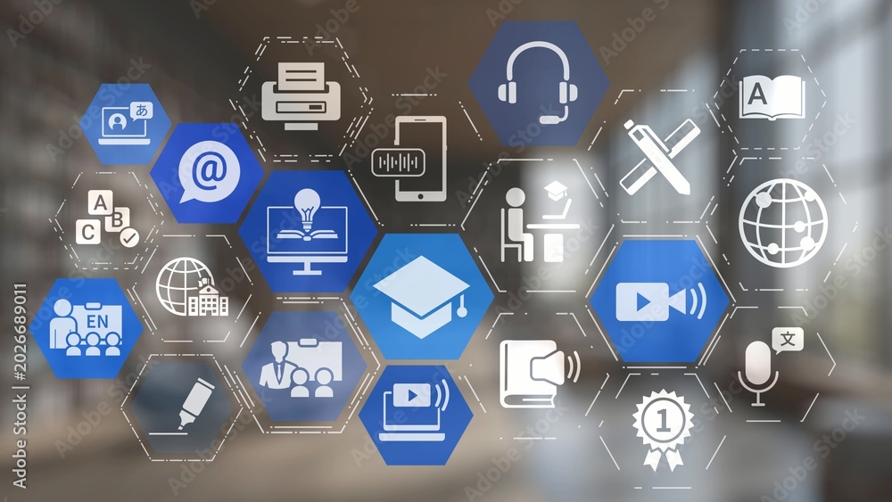 Naklejka premium Online education icons show e-learning, online education classes, and digital study. Online education enables global online education access, flexible learning. Gist