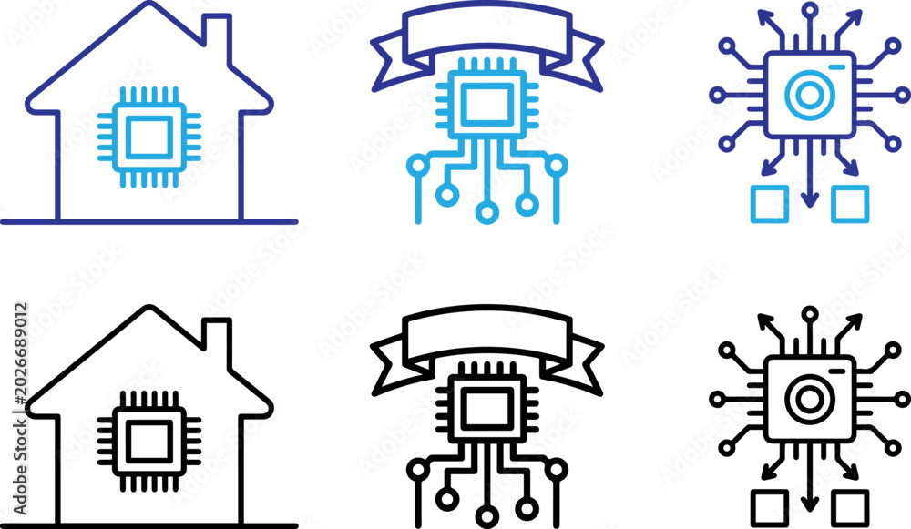 Fototapeta premium smart home technology and cpu processor icons set featuring house chip circuit and data network