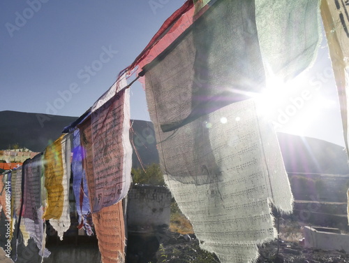 morning sunlight illuminating tibetan prayer flags in ladakh, with sunstar and sun flare