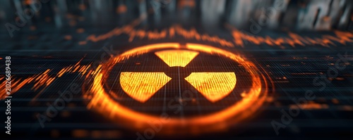 A glowing light radiation or nuclear symbol enclosed within a digital HUD circle, reflective high-tech grid surface, creating an atmosphere of caution, nuclear energy, cybersecurity crisis.