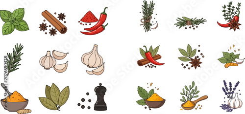 Foto Collection of various herbs and spices including basil, cinnamon, chili, rosemary, garlic, turmeric, bay leaves, and black pepper, essential for cooking and flavoring food