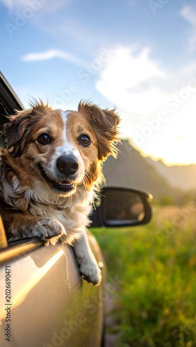 Happy dog enjoys ride in car with window open during sunny day