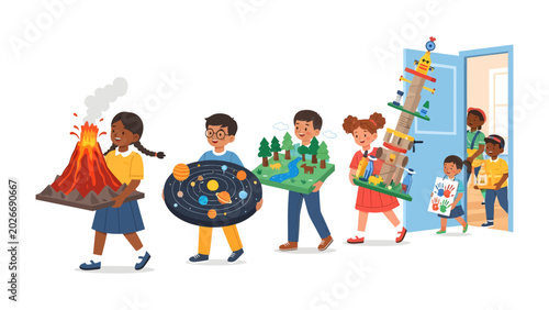 Photos Young Scientists Showcase: A group of enthusiastic young students proudly displays their science project creations, including a volcano model, solar system, miniature ecosystem, and a cityscape