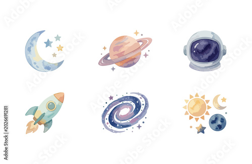 Watercolor space icons set with rocket planet and astronaut helmet