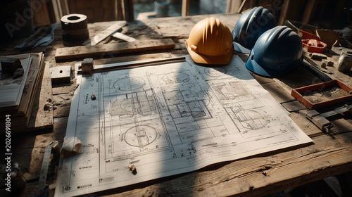 Construction site planning with blueprints and safety helmets on wooden table