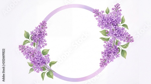Delicate purple lilac flower wreath with green leaves forming a circular frame on a soft white background, floral
