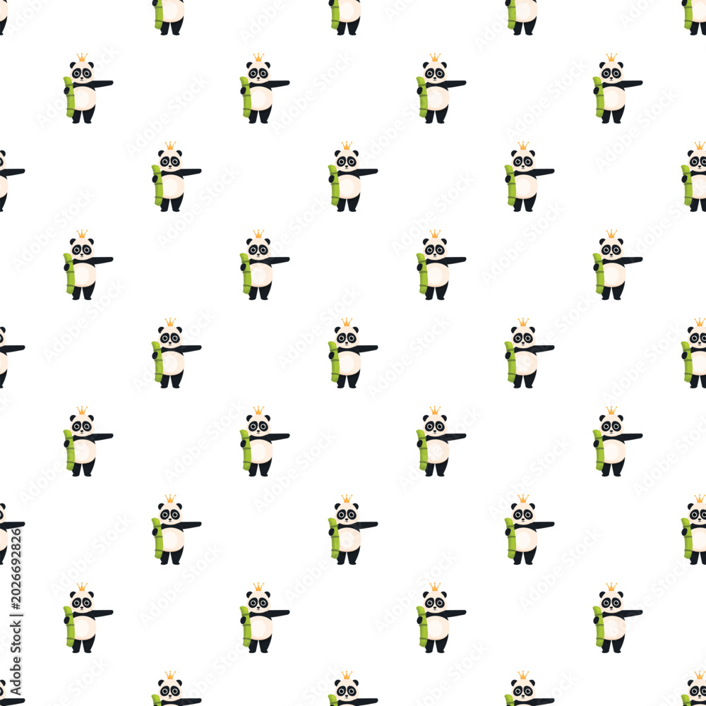 Fototapeta premium Seamless pattern featuring cute cartoon panda kings wearing crowns and holding bamboo