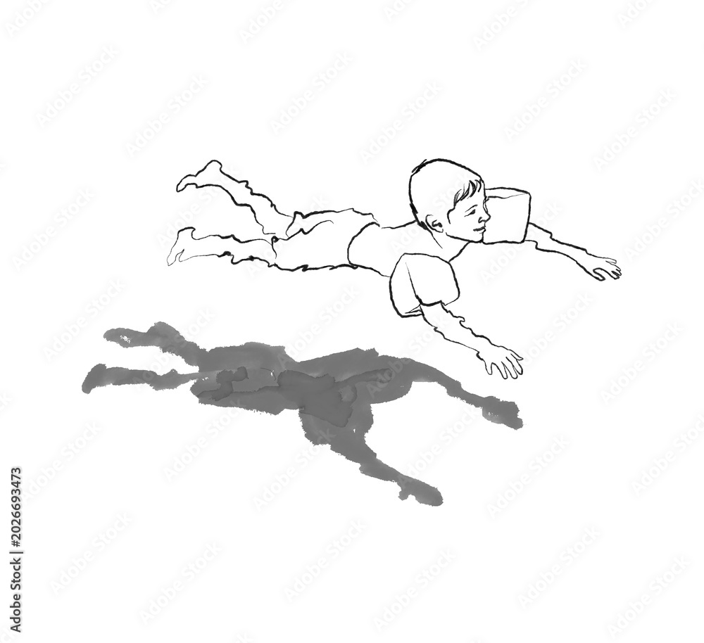 Obraz premium Raster hand drawn illustration of child learning to swim with inflatable arm bands in swimming pool, tropical sea and ocean water, summer vacation activity, top view aquatic leisure artwork. High