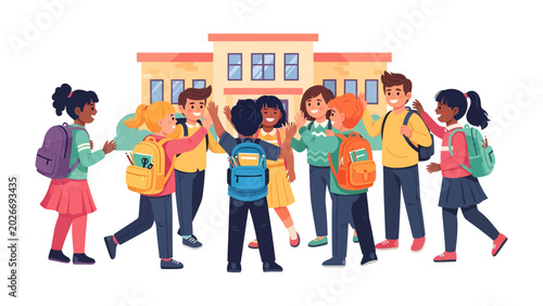 Foto School Kids Gathering: A vibrant group of diverse elementary school children, loaded with colorful backpacks, excitedly gather outside their school building, ready for a day of learning and fun