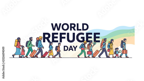 Bild auf Leinwand World Refugee Day March: People of diverse backgrounds, carrying luggage and essential belongings, walk in a procession symbolizing the journey of refugees on World Refugee Day
