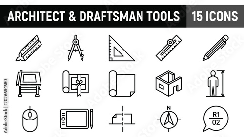 Foto Architect and draftsman tools icon set, 15 professional engineering line vectors