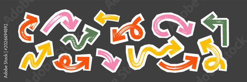 Hand-drawn arrow collage with torn paper textures and bold pastel or marker strokes. Color vector illustration.