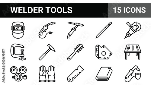 Tableau sur toile Welder tools icon set, 15 professional welding equipment line icons, industrial