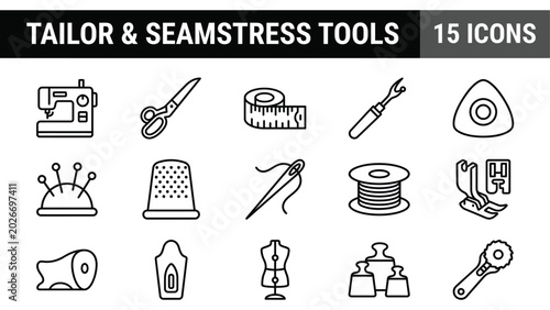 Fotografija Tailor and seamstress tools, 15 icons set of sewing equipment, black line vector