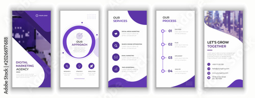 Corporate business strategy plan presentation mobile layout template set with minimalist blue geometric abstract shapes, roadmap timeline, and key metrics.