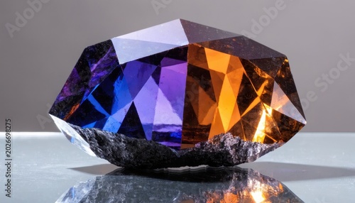 Large multicolored diamond gemstone on gray background