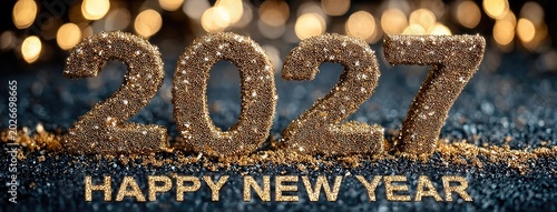Golden 2027 Happy New Year Celebration with Glitter and Festive Bokeh Lights