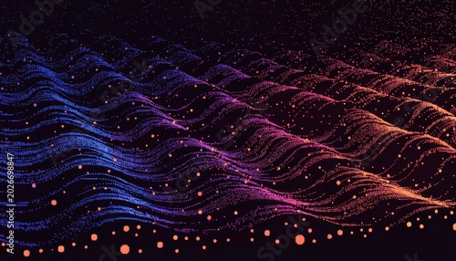 An abstract fractal background featuring purple and blue glowing lines that create a neon wave pattern across a dark space backdrop, blending vector energy with a modern wallpaper design